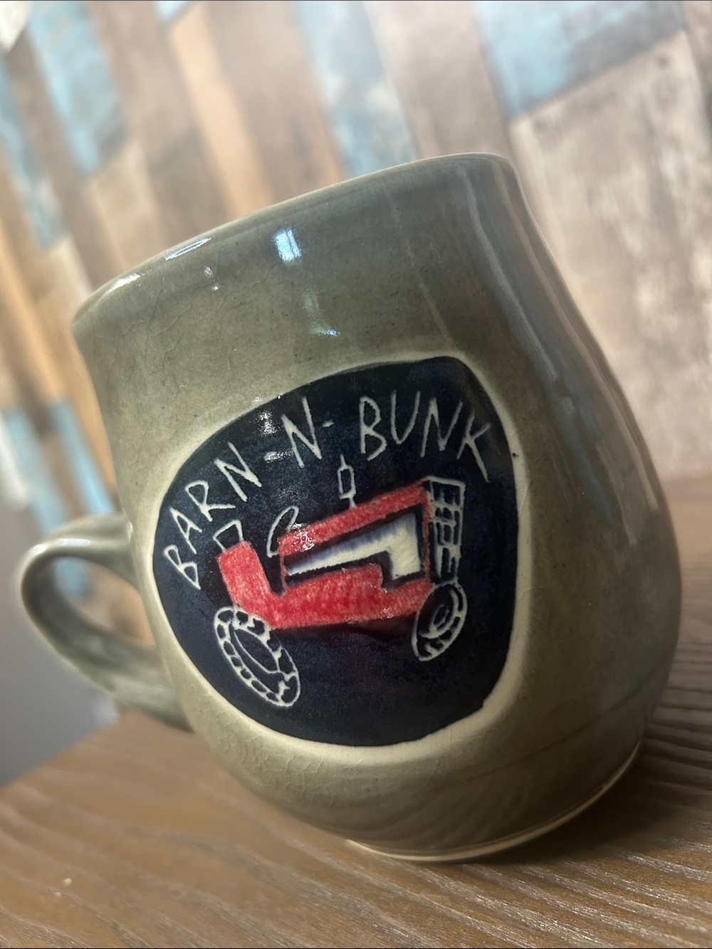 Olive Green Ceramic Mug with Red Tractor Accent